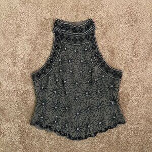 Vintage Blue Grey Fully Beaded Halter Top